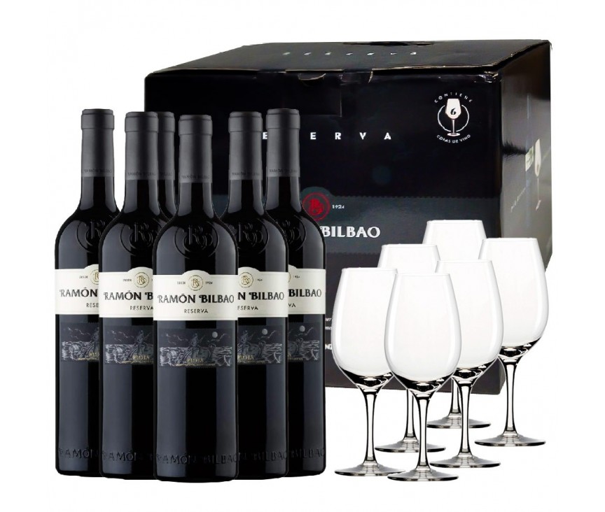 Coffret 6 bouteilles Ramon Bilbao Reserve + cadeau 6 verres de la marque.